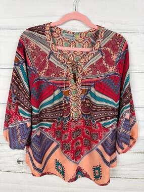 Figueroa & Flower Women's Multicolor Boho Tribal Print 3/4 Sleeve Blouse M